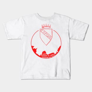 In this picture we see the symbol and emblem of Rome. Also we see the city and its main attraction, and that is Coloseo. We also see the four-letter symbol which translates as (senate and people of Rome). Kids T-Shirt